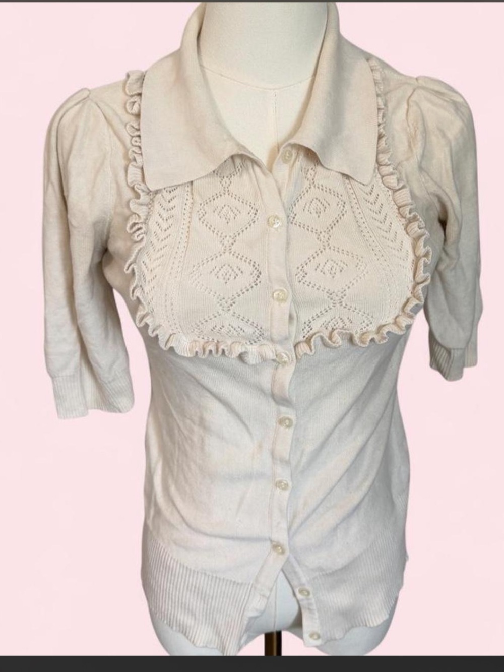 Route 66 Cream Ruffled Knit Button-Down Top